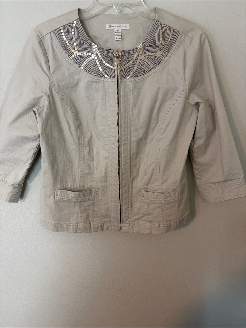 JM Collection Light Beige Embellished Zip-Front Jacket
